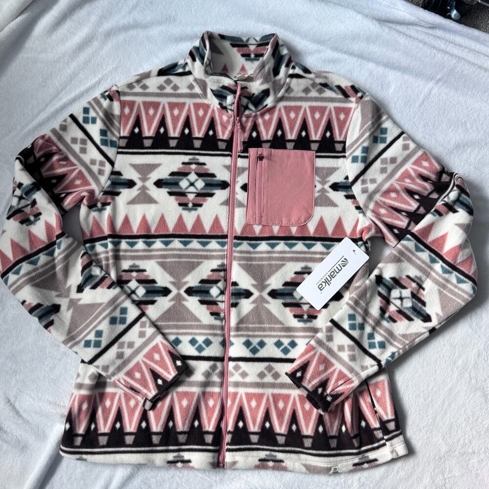 Marika Fleece Full Zip Treeline Jacket Womens M Geometric Aztec Print White Pink